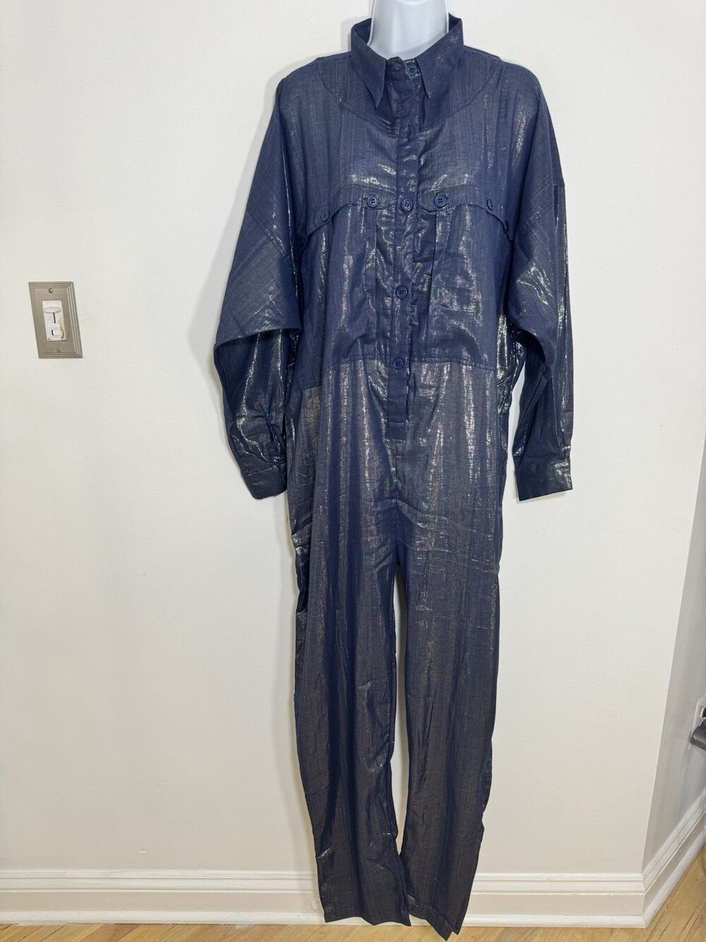 Suzie Kondi Lurex Jumpsuit Women Medium Cotton Navy Blue Metallic NWT
